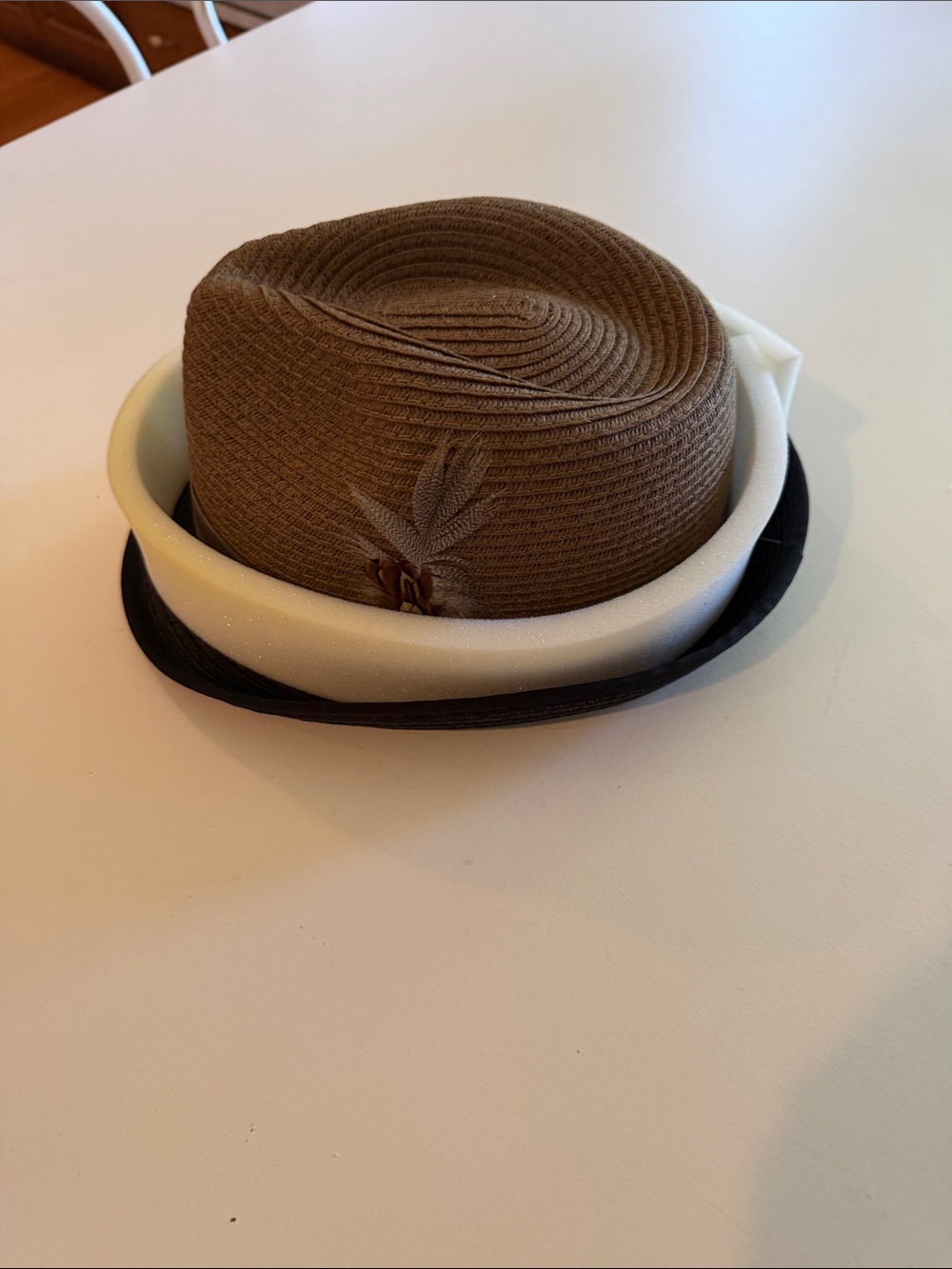 Joseph A Bank Men's Brown Straw Fedora Hat with Feather Accent Sz M.  NWOT